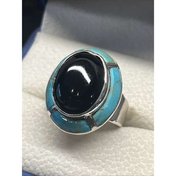 Signed Ted Ott Vintage Sterling 925 Onyx & Turquoise Inlay Navajo Ring Size 6.5 - Picture 12 of 13